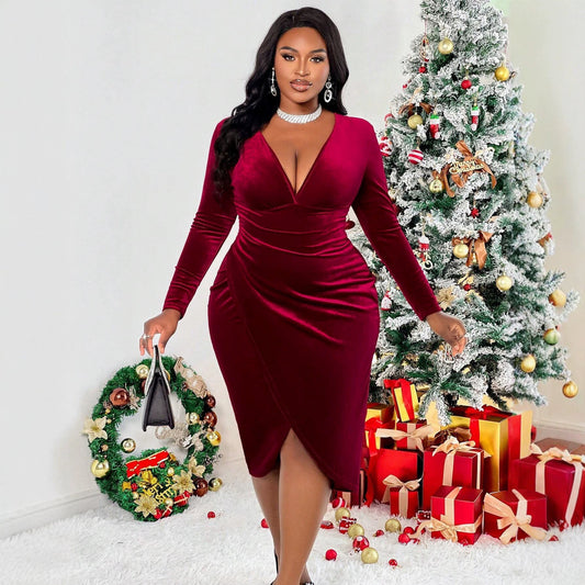 Velvet Dress Deep V Plunge neck Long Sleeve Pleated Waist Tight Split Slimming Christmas Sheath Dress