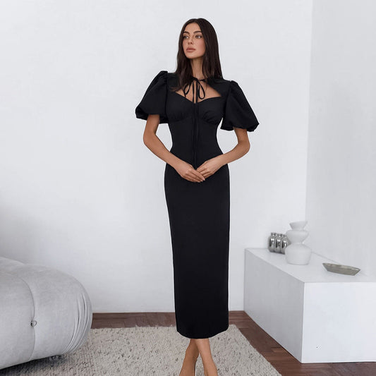 Summer Elegant Sexy Puff Sleeve Lace up Slim Fit Short Sleeve Dress Women