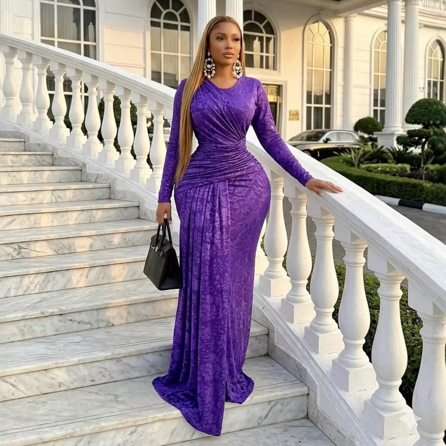 Women Clothing Spring Elegant Pleating Slim Printed Sheath Maxi Dress