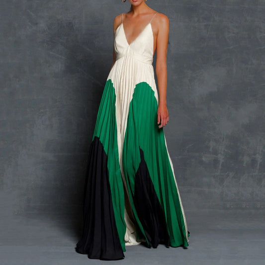 Summer Women Clothing Dress Slim Fit Slimming Long Color Matching Pleated Cami Dress Long