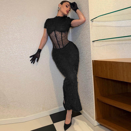 Women Clothing Sexy round Neck Slim Fit Slimming See through Split Short Sleeve Elegant Dress