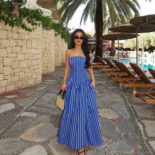 Dress Striped Print Wrapped Chest Nipped Waist Sexy Large Swing Dress