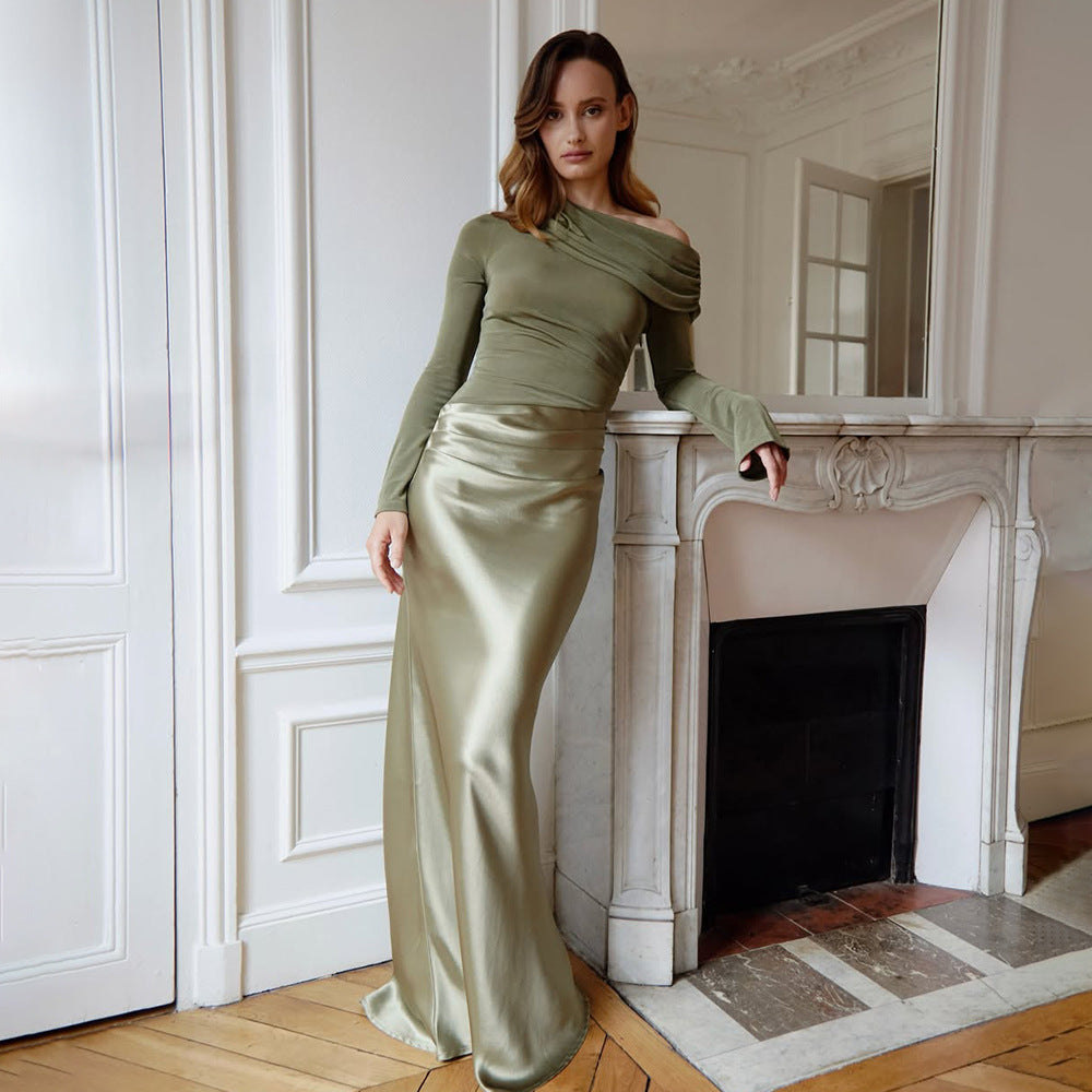 Women Clothing Mori Adult Lady like Woman Elegant Formal Dress Diagonal Collar Long Sleeve Slim Fit Sexy Fishtail Dress