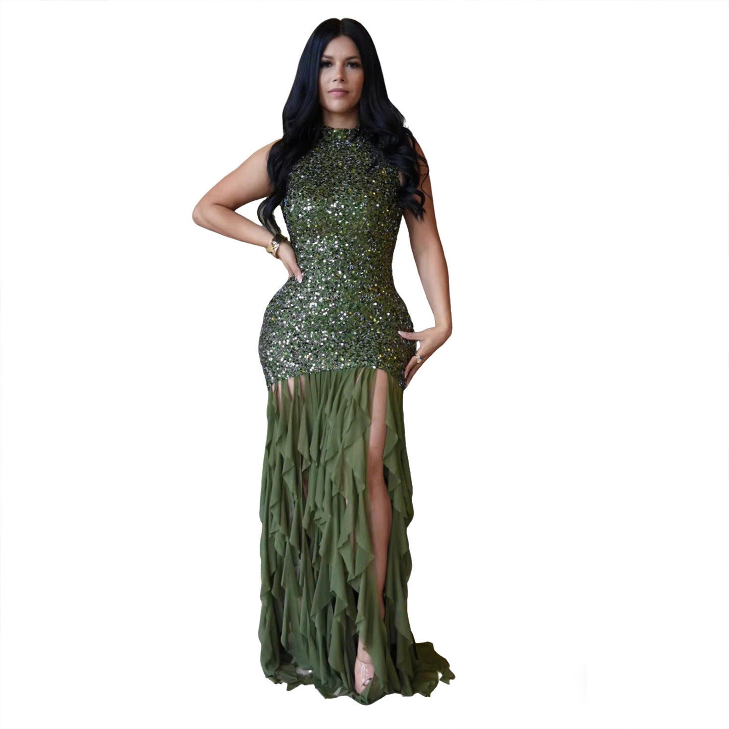 Elegant Women Wear Sexy Slim Sequin Mesh Stitching Dress
