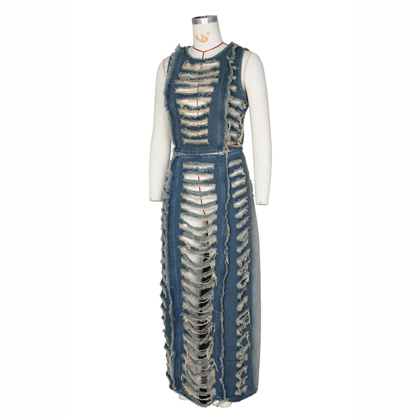 Women Sleeveless Crop Tank Tops and Split Side Maxi Skirt Streetwear Outfits Elegant Ripped Hole Denim Two 2 Piece Dress