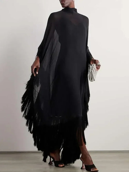 Yeezzi 2025 New Spring Fashion See-Through Tassel Party Dresses Women Batwing Sleeves Solid Color High-Neck Two Piece Set Dress
