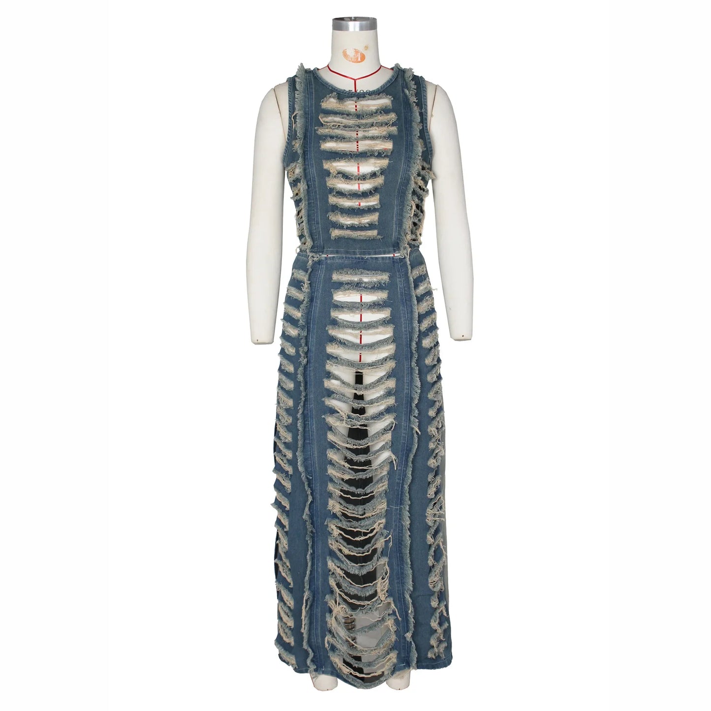 Women Sleeveless Crop Tank Tops and Split Side Maxi Skirt Streetwear Outfits Elegant Ripped Hole Denim Two 2 Piece Dress