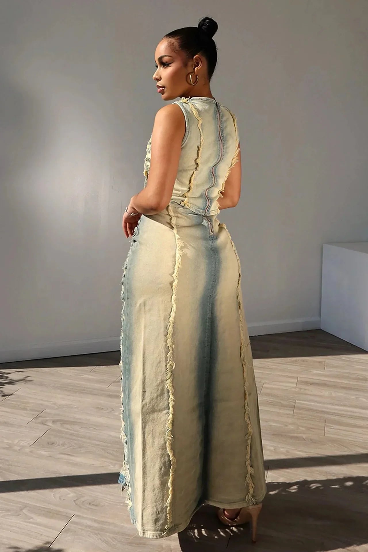 Women Sleeveless Crop Tank Tops and Split Side Maxi Skirt Streetwear Outfits Elegant Ripped Hole Denim Two 2 Piece Dress