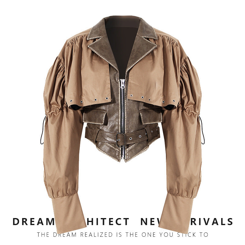 Niche Design Two-piece Coat Cape Stitching PU Handsome Waist-tight Jacket See size chart under “more details”