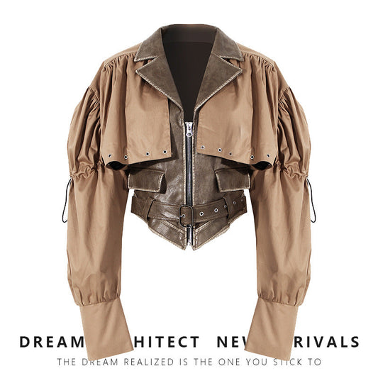 Niche Design Two-piece Coat Cape Stitching PU Handsome Waist-tight Jacket See size chart under “more details”