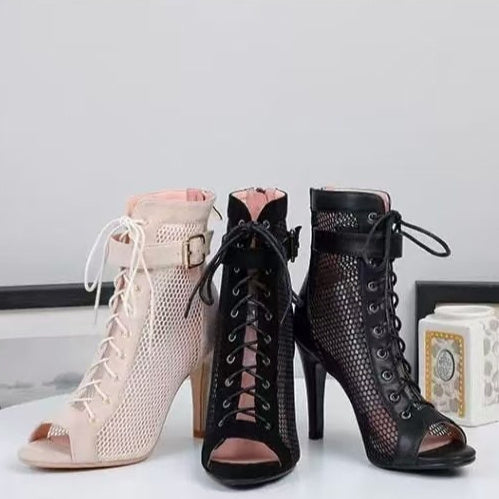 Women's Peep Toe Lace-Up Ankle Boots - Dance Party Heels with Multiple Heel Heights