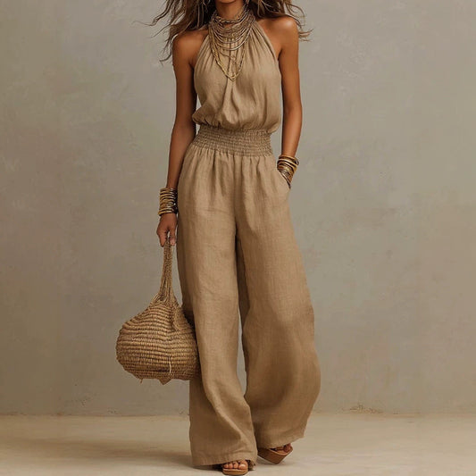 Women's Halter-Neck Backless Wide-Leg Jumpsuit – Solid Color Street Style