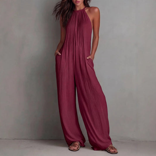 Women's Sleeveless Open-Back Wide-Leg Pleated Jumpsuit