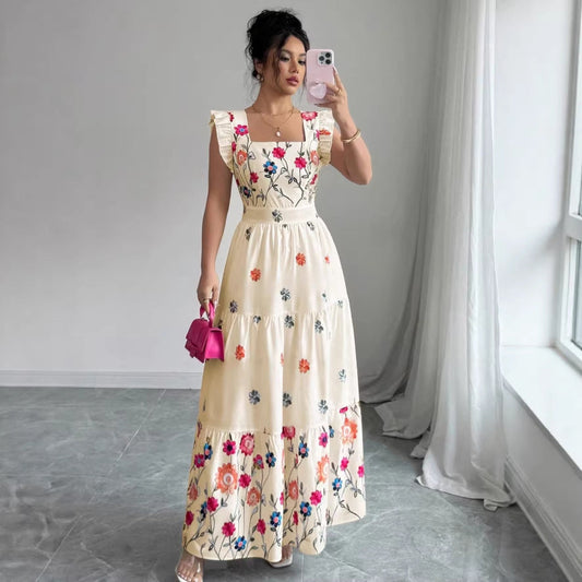 Women’s Puff Sleeve Floral Print Waist-Cinching Dress