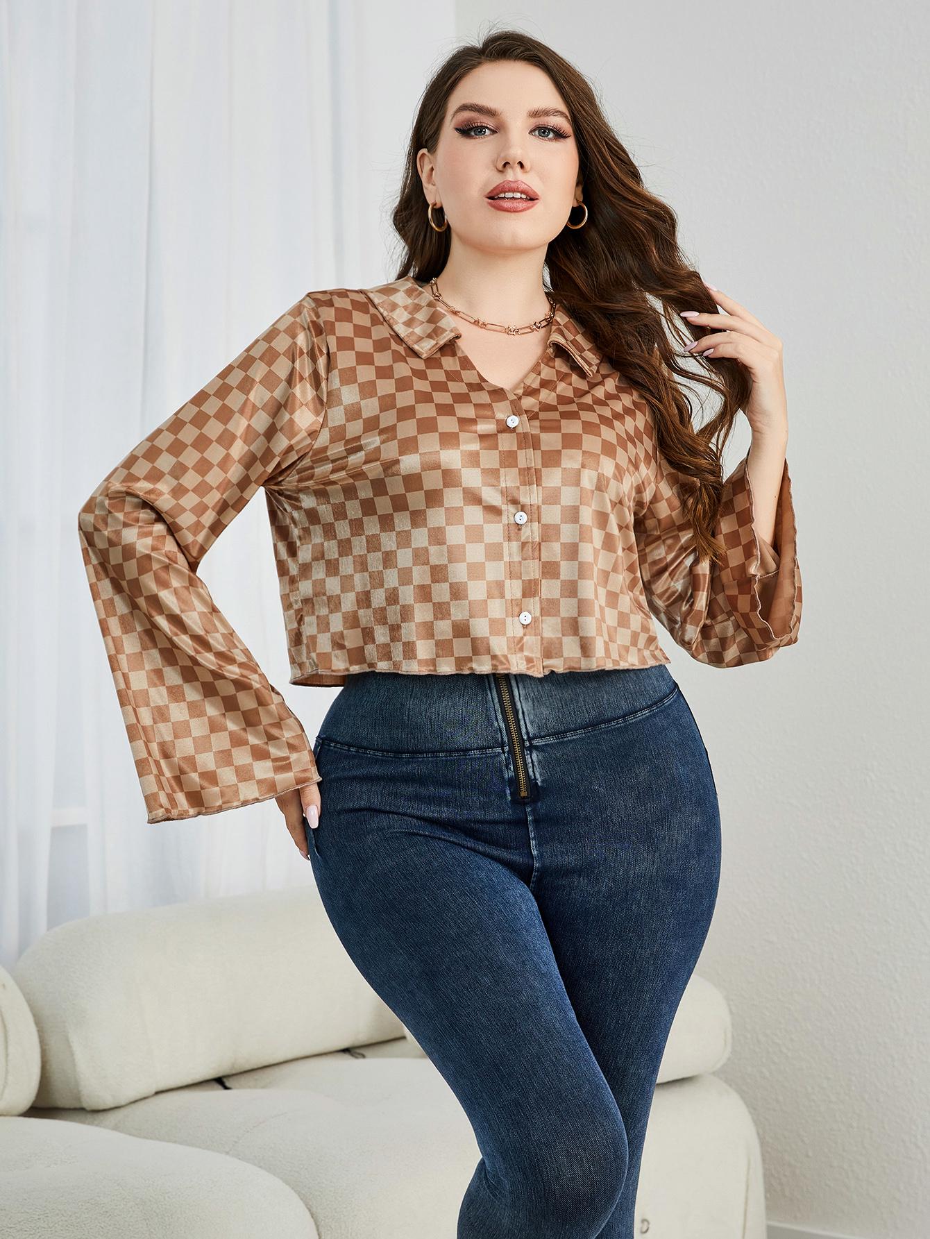 Plus Size Checkered Johnny Collar Flare Sleeve Shirt See size chart under “more details”