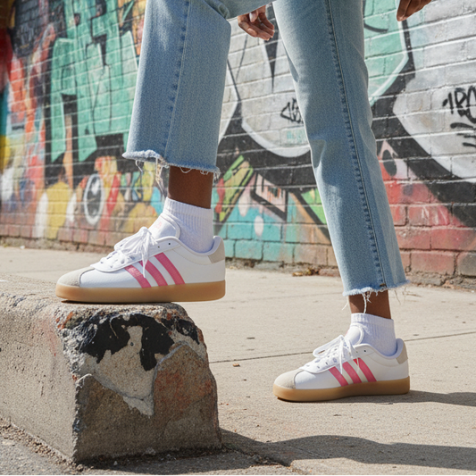 Adidas Women's Sneakers – White with Pink Stripes & Gum Sole