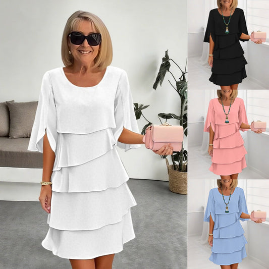 Patchwork Cake Midi Dress – Round Neck Short Sleeve Tiered Skirt