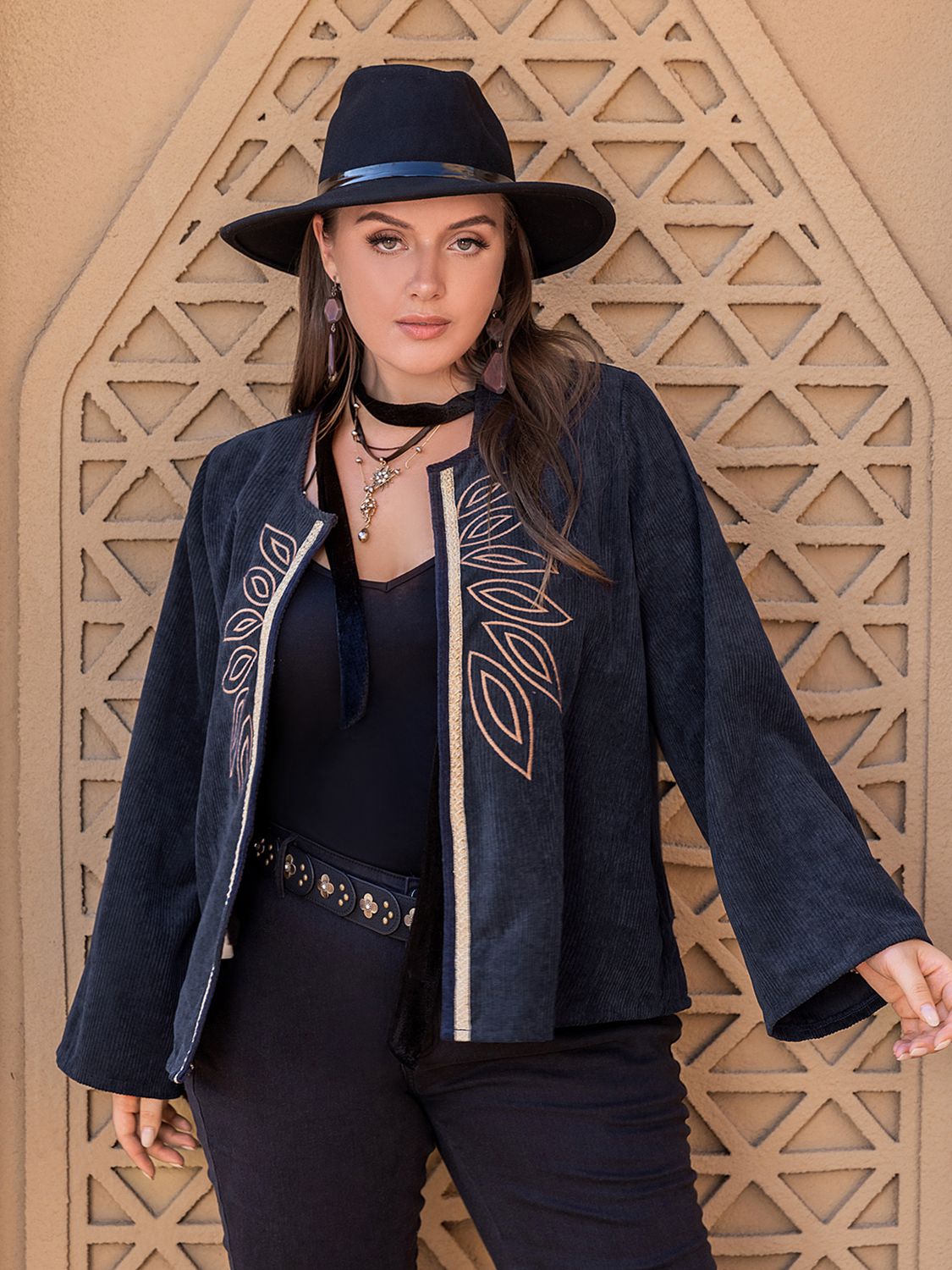 Plus Size Embroidered Open Front Jacket See size chart under “more details”