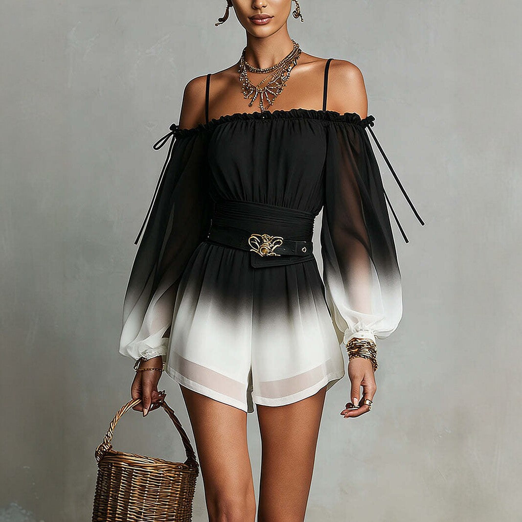 Off-Shoulder Ombre Puff-Sleeve Chiffon Jumpsuit with Belt