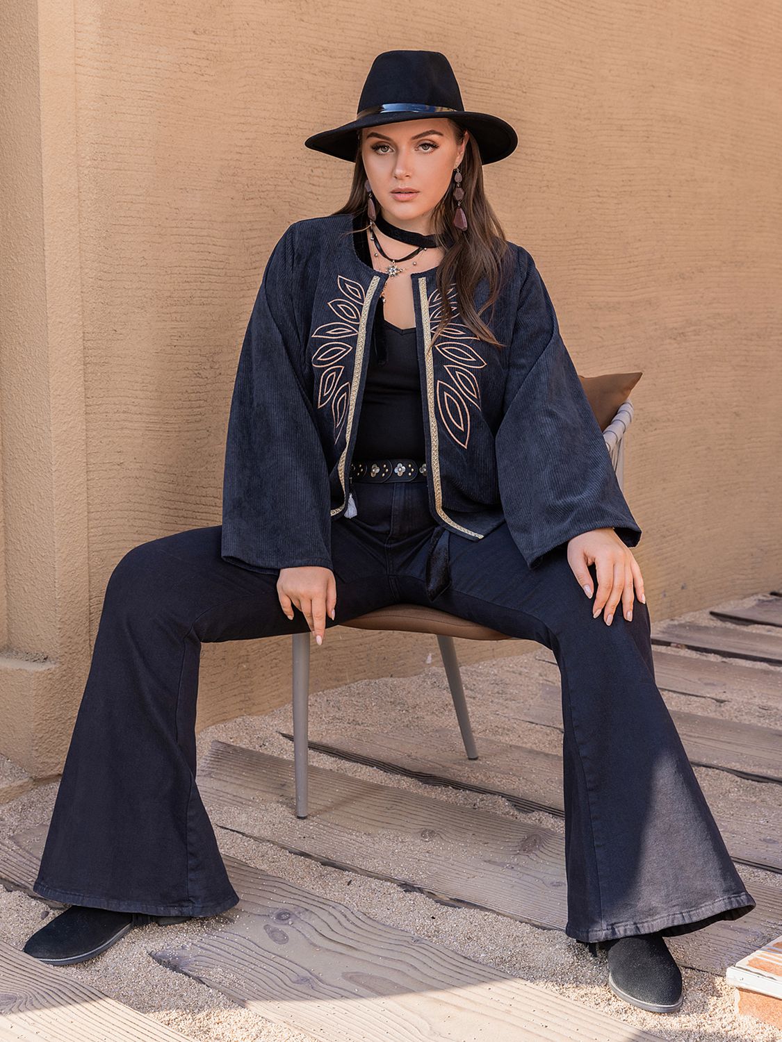 Plus Size Embroidered Open Front Jacket See size chart under “more details”