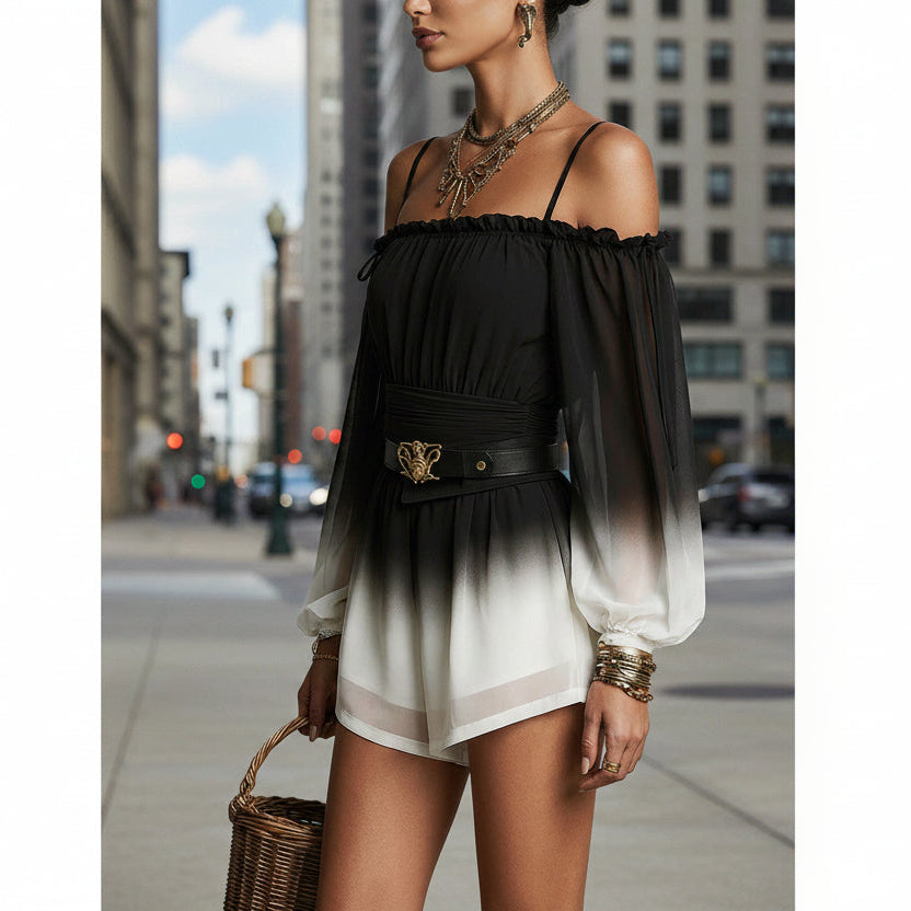 Off-Shoulder Ombre Puff-Sleeve Chiffon Jumpsuit with Belt