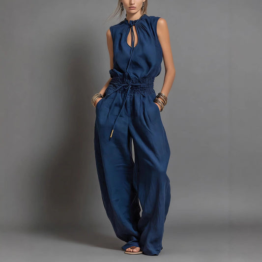 Women's Sleeveless High-Waist Wide-Leg Pleated Jumpsuit