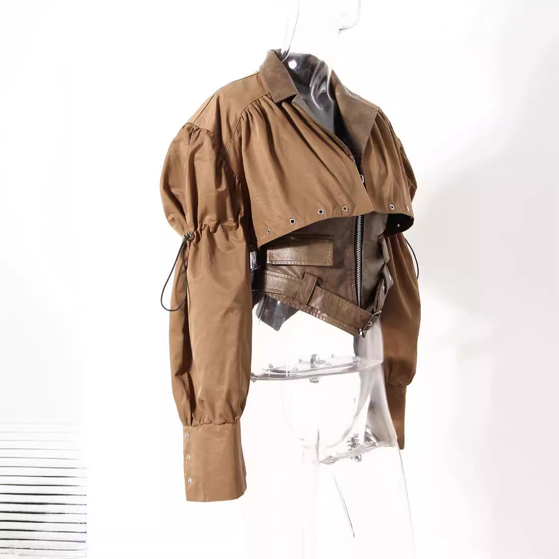 Niche Design Two-piece Coat Cape Stitching PU Handsome Waist-tight Jacket See size chart under “more details”