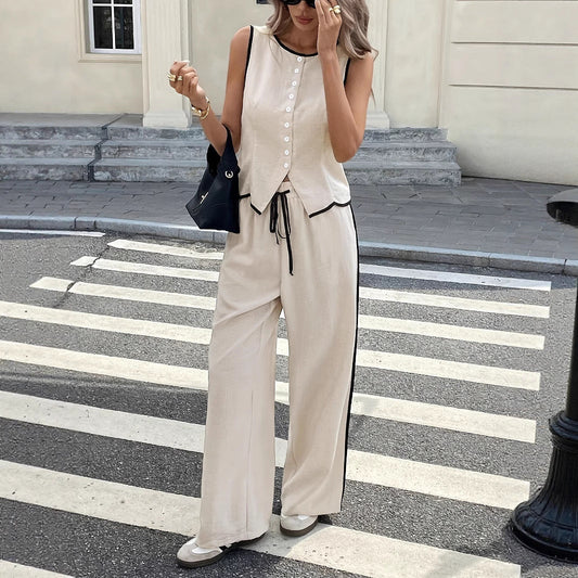 Women's Contrast Color Sleeveless Vest & Drawstring Trousers Suit – 6 Colors S–XXL