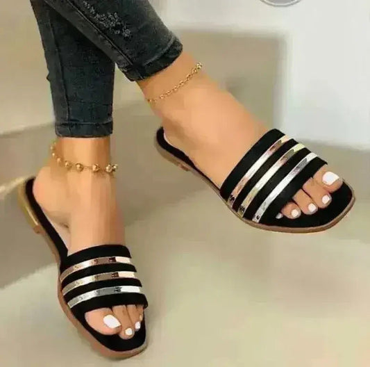 Fashion Slippers for Women Summer Slip On PU Ladies Flat Shoes Casual