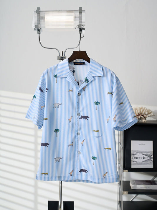 LV All-over Embroidered Striped Short-Sleeve Shirt