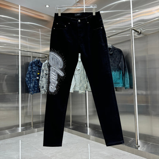 Amiri Slim Fit Stretch Jeans with Rhinestone Lettering