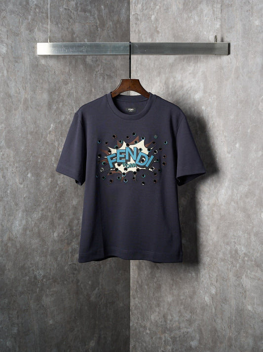 Fendi Dark Blue Explosion Pattern Cotton Crew Neck Short Sleeve T-Shirt