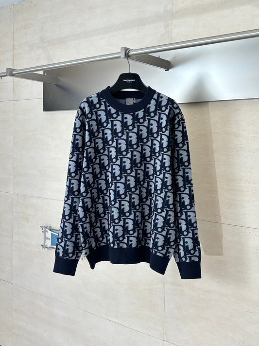 Dior Oulibe All-over Jacquard Wool Blend Knit Crew Neck Sweater