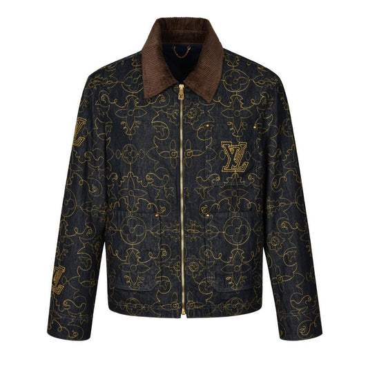 LOUIS VUITTON Black and Gold Embroidered Collar Denim Jacket