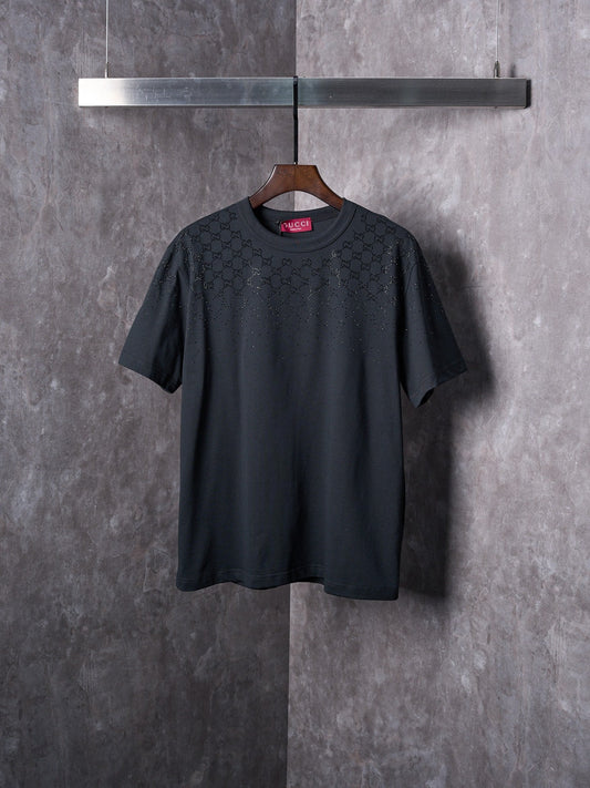 GUCCI Gradient GG Crystal Rhinestone Knitted Cotton Crew Neck Short Sleeve T-Shirt