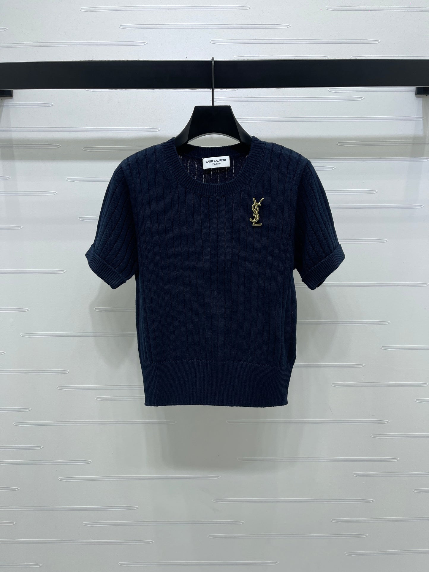 YS Vertical Ribbed Crew Neck Knit Short Sleeve