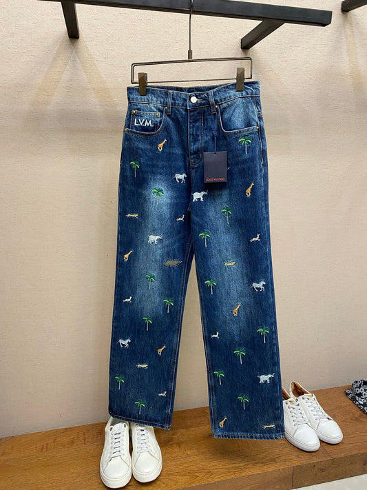LV Animal Embroidered Denim Jeans