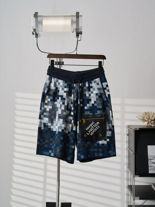 LV Embroidery Leather Camo Jacquard Knit Shorts