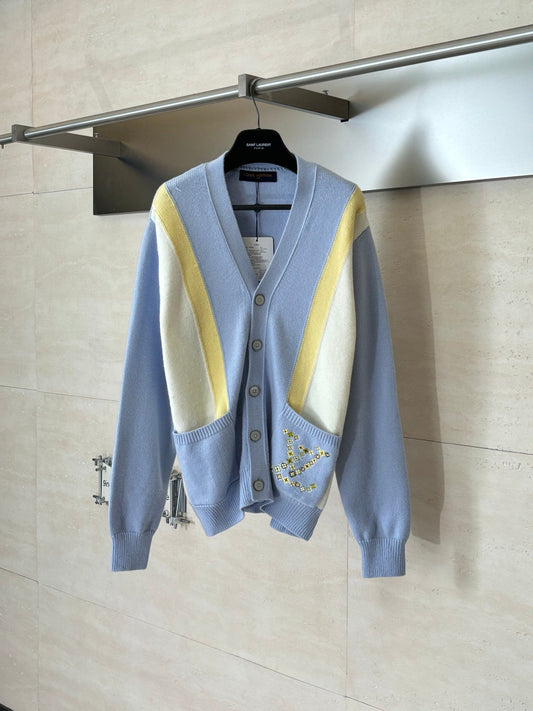 LV Embroidered Color Block V-Neck Knit Cardigan